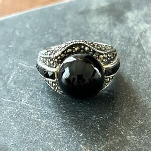Vintage Sterling Silver Black Onyx Marcasite Dome Ring - Size 7.5, Deco Revival